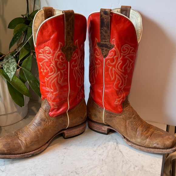 J.B. Dillon Cowboy Western Boots Womens 10 B USA Made Red Tan Leather Square Toe - Picture 9 of 9